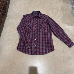 Wrangler Burgundy and Blue Plaid Button-Down Shirt